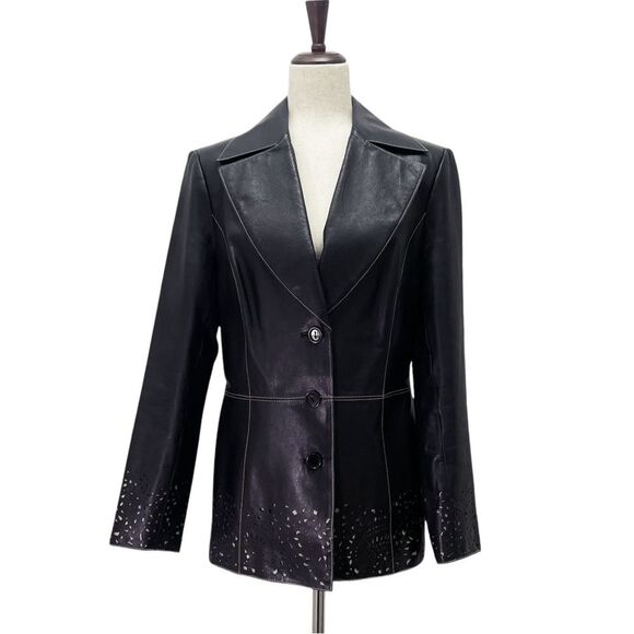 Vintage Classiques Entier Black Leather 3-Button Blazer Lasercut Trim Sz 10 Y2K - Picture 6 of 15